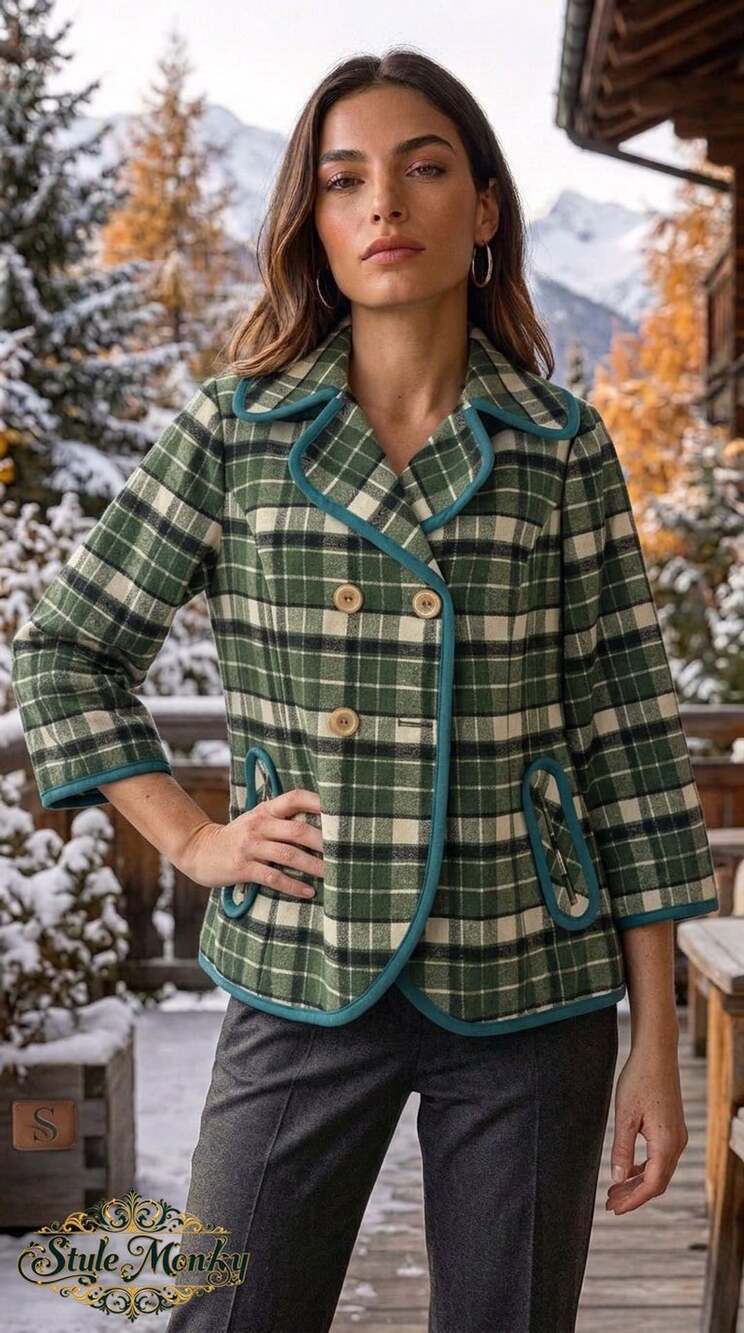 Tabitha Piper Plaid Jacket Size M Green Teal Trim Double Breasted